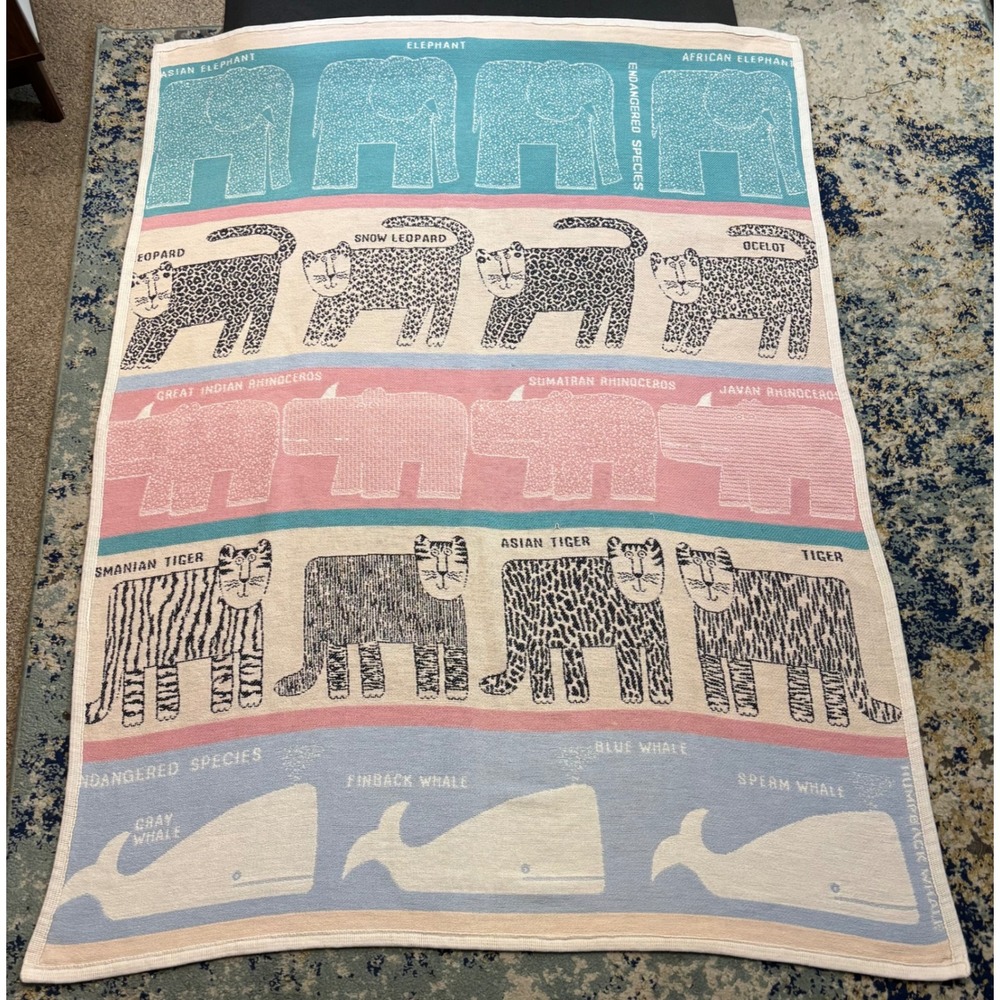 Vintage Goodwin Weavers Endangered Species Woven Throw Blanket Animals  61x45in